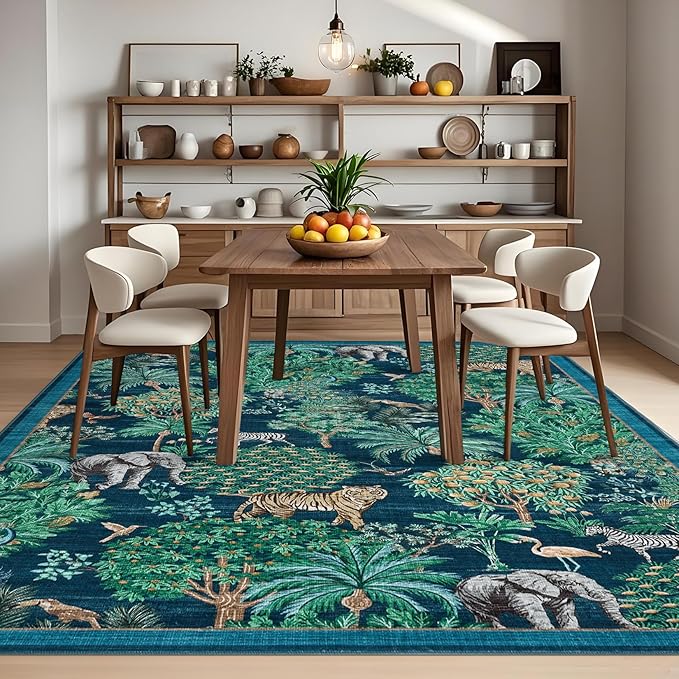 GarveeHome Jungle Animal Print Rug 6x9 Washable Area Rugs for Living Room, Forest Rug Non Slip Low Pile Stain Resistance Large Throw Carpet for Bedroom Dining Room Kids Playroom Nursery, Blue