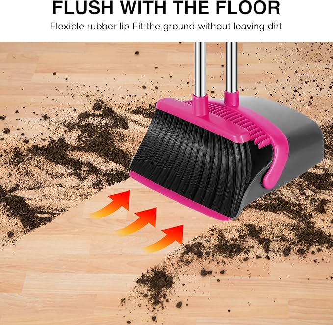 NACENA Broom and Dustpan Set, 52-in Long Adjustable Handle Broom Dustpan Combo with Dustpan Teeth to Automatically Clean Hair Suitable for Home Kitchen Office Hall Floor（Grey&Rose）