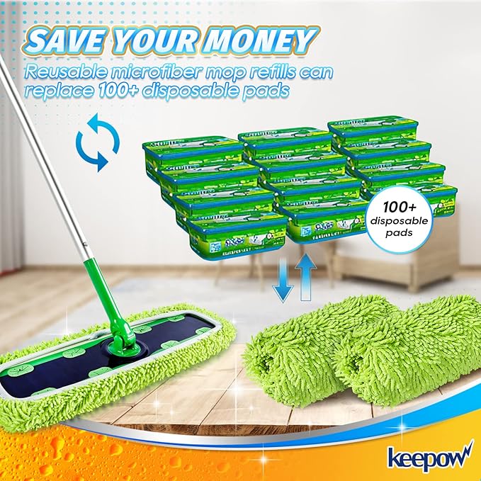 KEEPOW Reusable XL Mop Pads Compatible with Swiffer XL Sweeper, X-Large Dry Sweeping Cloths, Wet Mopping Cloths, Washable Microfiber XL Wet Pads Refills for Surface/Hardwood Floor Cleaning, 4 Pack