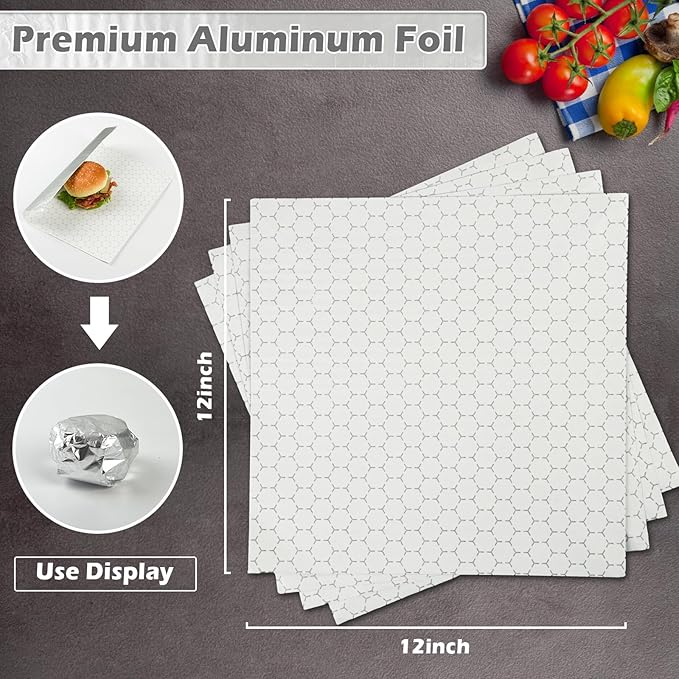 200 Pack Premium Insulated Foil Sandwich Wrap Sheets, 12"x12" Pre-Cut Foil Paper for Hot Dogs, Burgers, Burritos, Food Wrapping, Grease-Resistant and Waterproof, Heat & Cold Insulation for Freshness