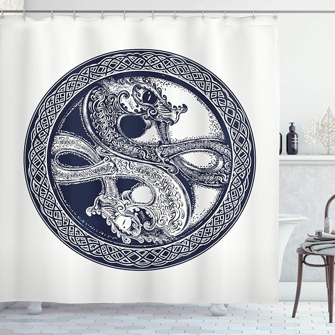Ambesonne Celtic Dragon Shower Curtain, Mystic Yin Yang Creatures in Round Frame, Cloth Fabric Bathroom Decor Set with Hooks, 69" W x 75" L, Violet Blue Off White