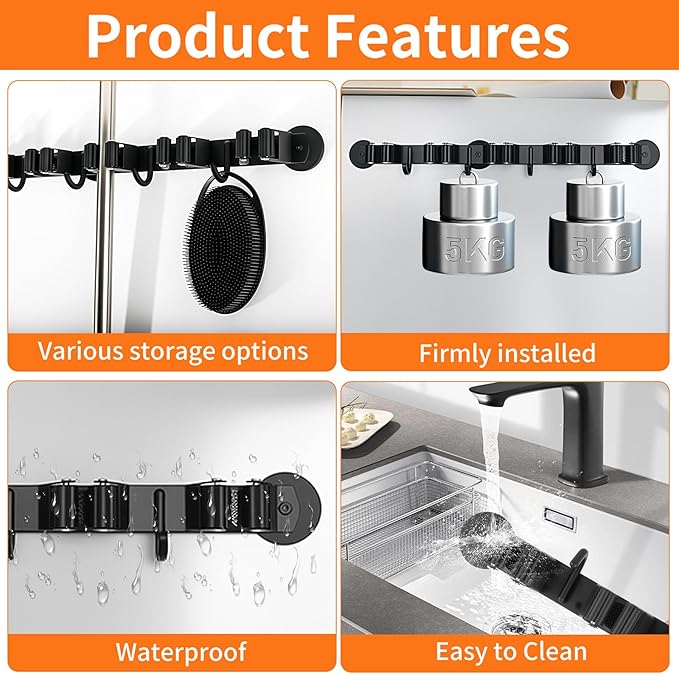 Magnetic Broom Holder Wall Mount with 4 Hooks and 5 Rack- Heavy Duty Non-Slip Mop Hanger for Wet Mops&Cleaning Tools on Refrigerator,Metal Door,Garage,Kitchen,Laundry Room
