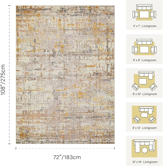 6x9 Washable Area Rug for Living Room, Modern Abstract Large Boho Rugs for Office, Dining Room, Kids Room, Farmhouse, Durable Low Pile Non Slip Carpet for High Traffic Areas, Gold Beige