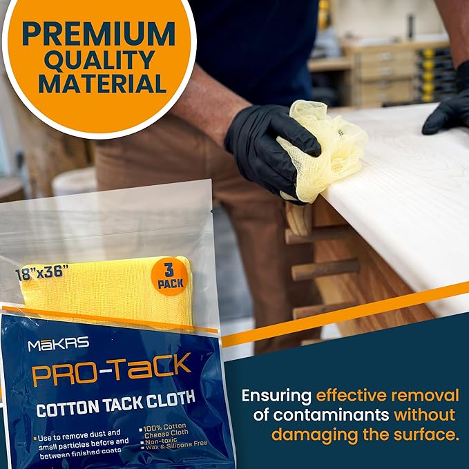 MāKRS 18" x 36" Pro-Tack Tack Cloth, 3-Pack Wood Prep Cloths, Remove and Trap Dust Particles, 100% Cotton, Staining, Varnishing, and Painting, Gentle on Surfaces