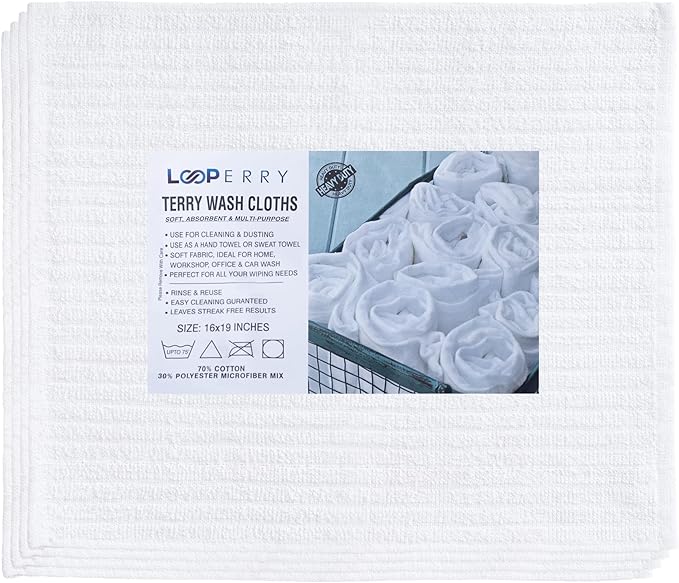 Looperry White Terry Cloth Rags (32 Pack) 16"x19" Inches Ribbed - Lint Free Dish Cloth Multipurpose Cleaning Rags for Housekeeping, Car Wash. Absorbent & Reusable Bar Mop Towels for Kitchen Cotton