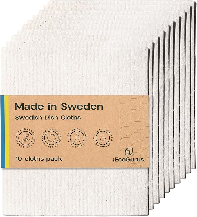 Original Swedish Dishcloth – Made in Sweden, 10 Cloths, Reusable & Biodegradable Cellulose Sponge for Kitchen, Suitable for All Surfaces, Odour Resistant Eco Cleaning – White