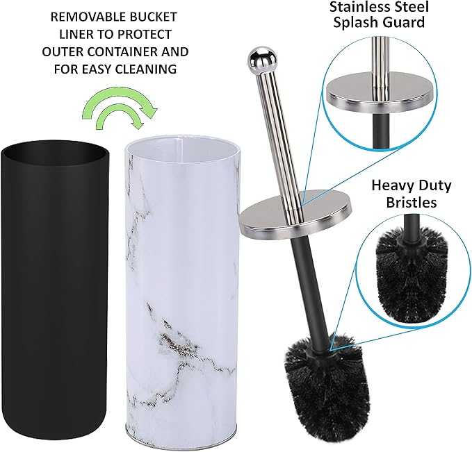 Zahari Home Marble Toilet Bowl Brush and Holder, White, Metal