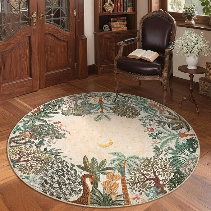 GarveeHome Round Area Rugs 4ft for Kids Room, Beige Jungle Washable Circle Rug Soft Non Slip Forest Animal Print Floor Mat Tiger Carpet Indoor Thin Tent Rug for Bedroom Dining Room Playroom Nursery