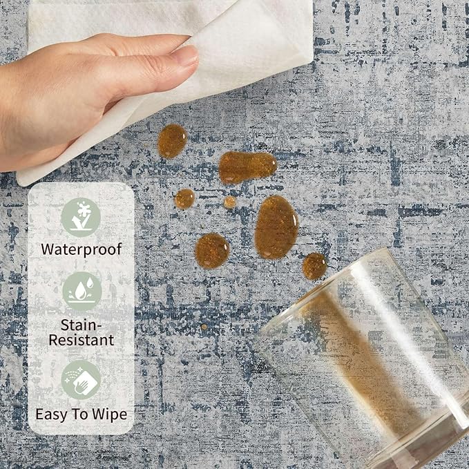 3x5 Washable Entryway Rug, Non Slip Boho Runner Rugs for Hallway, Entrance, Kitchen, Bathroom, Laundry Room, Soft Entryway Carpet, Throw Low Pile Retro Imitation Wool Carpet, Blue Grey