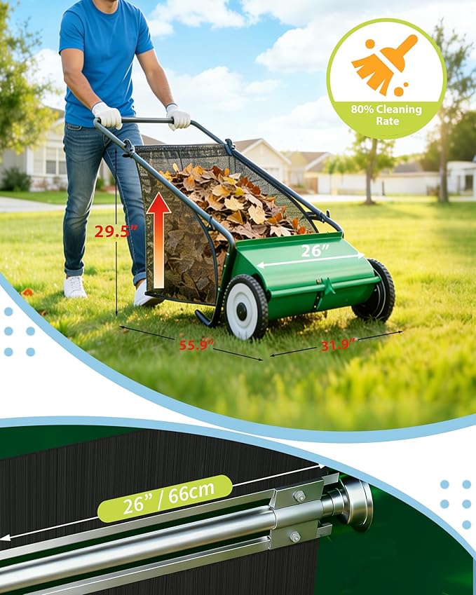 Push Lawn Sweeper, 26 Inch Extra-Wide 4-Brush System, 7 cu.ft. Mesh Bag, Heavy Duty Steel Frame, Height-Adjustable Yard & Garden Cleaner for Leaves and Grass