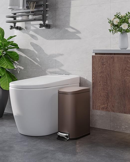 Garvee 2.6 gal / 10 L Metal Bathroom Trash Can with Lid, Slim Waterproof Garbage Can for Bedroom, Small Step-on Trash Bin with Inner Bucket, Rear Handle, Soft Close Lid, Brown