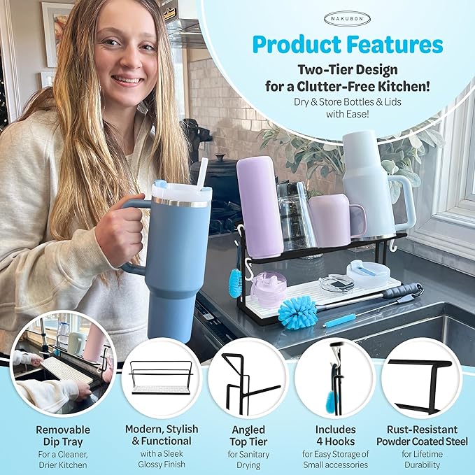 Bottle Drying Rack for Kitchen Countertop - Two-Tier for Water Bottles and Tumblers, Space-Saving Storage Stand with Drainage Tray, Includes Water Bottle Drying Rack Brush Cleaning Set (Black)