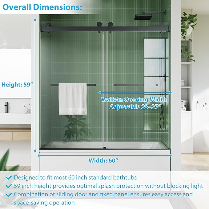 Bathtub Shower Door, 60" W x 59" H Sliding Shower Door for Standard 60 Inch Bathtubs, 1/4" (6mm) SGCC Tempered Glass with Matte Black Finish and 304 Stainless Steel Hardware