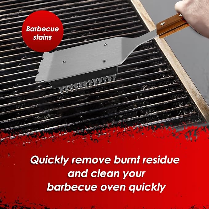 2Pcs Grill Cleaning Brush Set Ergonomic BBQ Brush and Scraper with Wooden Extended Handle Barbecue Cleaning Tool for Barbecue Grill