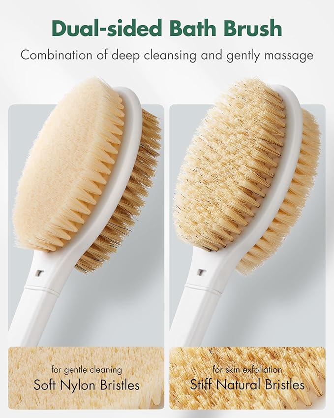 Back Scrubber Body Shower Brush: Anti Slip Long Handle Bath Brush with Stiff and Soft Bristles - Showering Exfoliator Wet or Dry Brushing for Women, Men, Elderly (Mint Green)