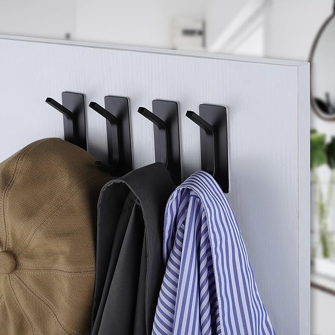 Taozun 4-Pack Black Stainless Steel Adhesive Hooks - Upgraded Strong Self-Adhesive Towel Hangers for Bathroom, Kitchen, and Bedroom