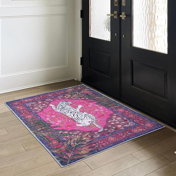 3x5 FT Leopard Rug for Living Room Hot Pink Leopard Vintage Animal Rug Aesthetic Pink Rugs for Girls Room Nursery Bedroom Home Office Dorm Thin Bright Magenta Carpet (Hot Pink, 3X5 FT)
