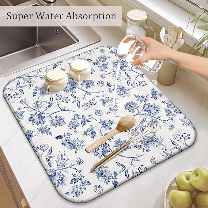 Blue Floral Dish Drying Mat for Kitchen Counter, French Farmhouse Style Microfiber Drying Rug, Washable and Absorbent Kitchen Countertop Dish Drainer, 16x18 Inch