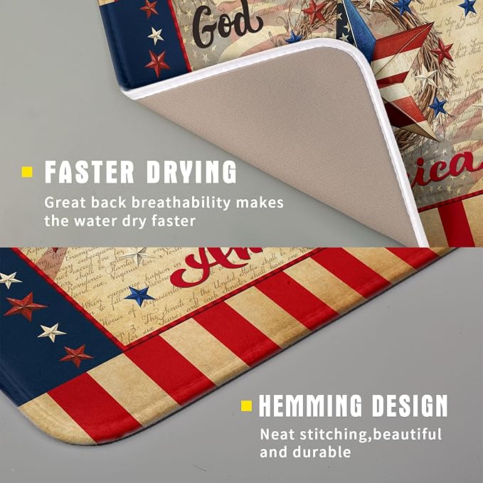 4th of July God Bless Dish Drying Mat for Kitchen Counter,American Flag Star Patriotic Independence Day Drying Mat 16 x 18 Inch with Absorbent Reversible Microfiber Drying Pad for Coffee Bar