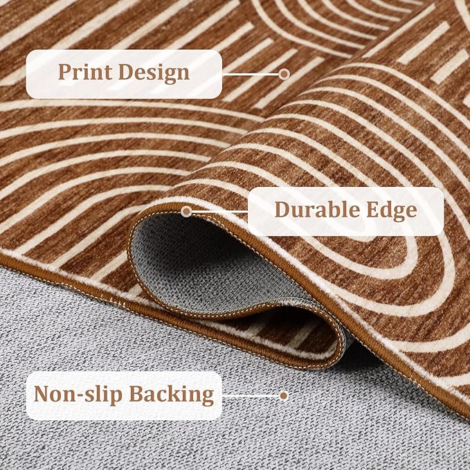 Washable Rug 3x5 Area Rugs for Living Room, Abstract Rug for Bedroom, Soft Rainbow Non Slip Throw Rugs with Rubber Back, Low Pile Stain Resistant Boho Geometric Carpet for Dining Room, Copper