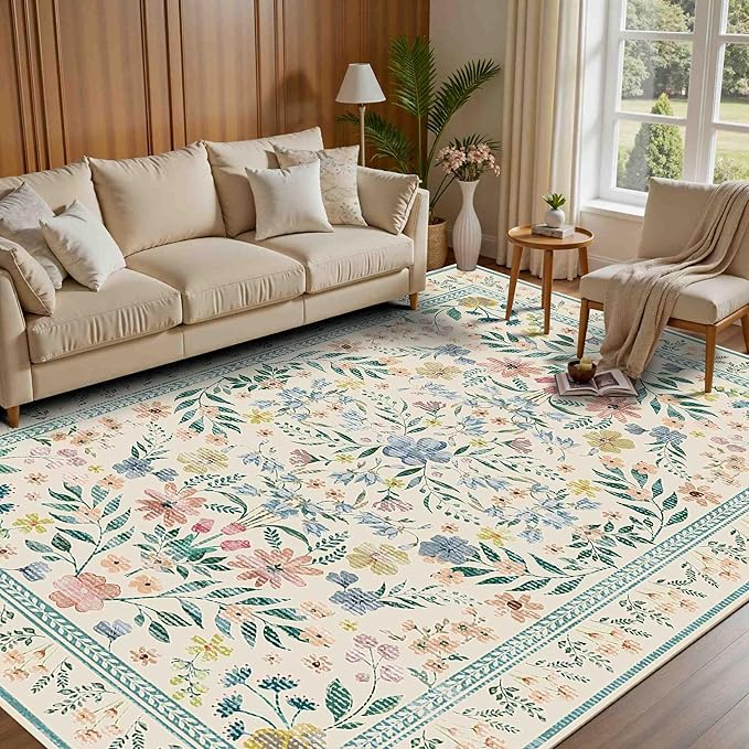 Floral Rug for Living Room Bedroom, 6x9 Washable Rug, Vintage Boho Style, Large Non Slip & Low Pile Wool Carpet for Indoor Dining Room, Girls Room, Nursery Room and Kids Room(Green 6x9ft)