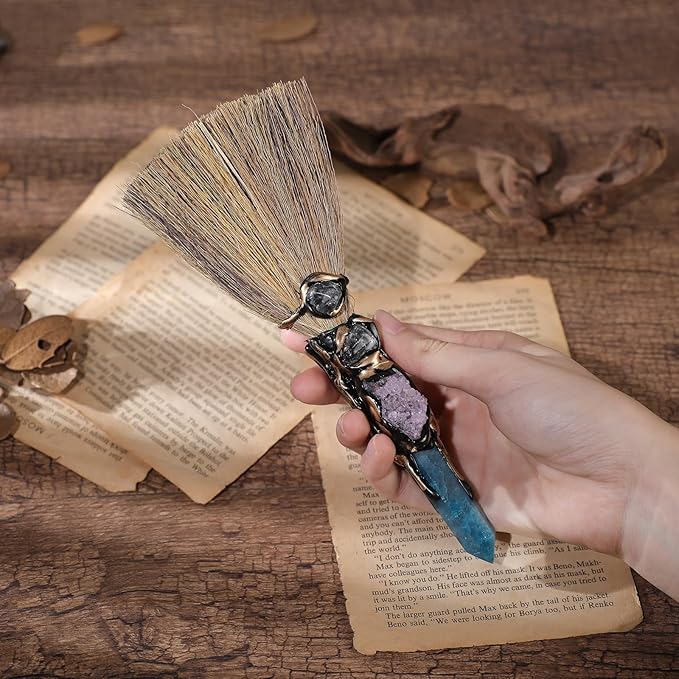 Crystal Witch Altar Broom - Witchcraft Supplies with Blue Apatite Wiccan Stuff Fairy Magic Broomstick with Natural Healing Crystals Hexagonal Points Pagan Fengshui Reiki Energy Clearing Gift