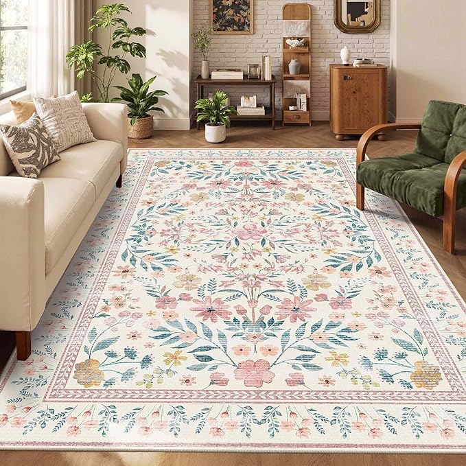 Pink Rug for Living Room Bedroom, 5x7 Washable Floral Rug, Vintage Boho Area Rug, Large Non Slip Low Pile Wool Carpet for Indoor Dining Room,Girls Room,Nursery Room and Kids Room(Pink 5x7ft)