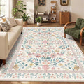 Pink Rug for Living Room Bedroom, 5x7 Washable Floral Rug, Vintage Boho Area Rug, Large Non Slip Low Pile Wool Carpet for Indoor Dining Room,Girls Room,Nursery Room and Kids Room(Pink 5x7ft)