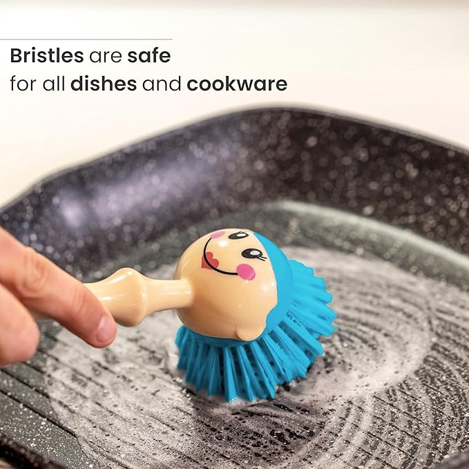 Vigar Dolls Dish Brush with Ergonomic Handle and Dress-Shaped Brush Holder, Dish Brush with Handle for Kitchen Dishes and Sink Cleaning, Gray, Blue