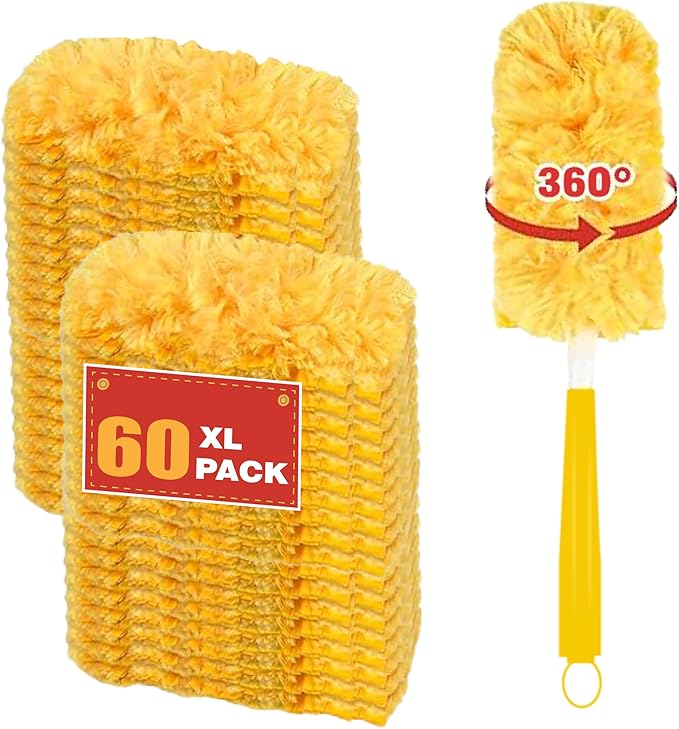 Heavy Duty Duster Refills, Unscented Disposable Dusters Kit for Cleaning Dusting Furniture Blind Ceiling Fan, Electrostatic Lock-Dust Technology 360 Feather Duster，60 Duster Refills and 1 Handle