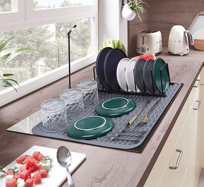 Large 17" x 14" Silicone Dish Drying Mat for Kitchen Counter, Easy clean, Quick Dry, Heat-resistant Dish Drainer Mat for Sink,Refrigerator or Drawer liner (Food Grade Silicone-Grey)
