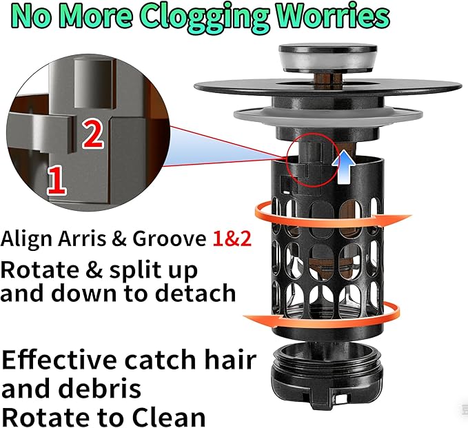 Sink Stopper Bathroom Drain,Universal Bathroom Sink Drain Strainer with Anti-Clogging Basket,Bathroom Sink Stopper Hair Catcher for 1.06"~1.61" Drain Hole
