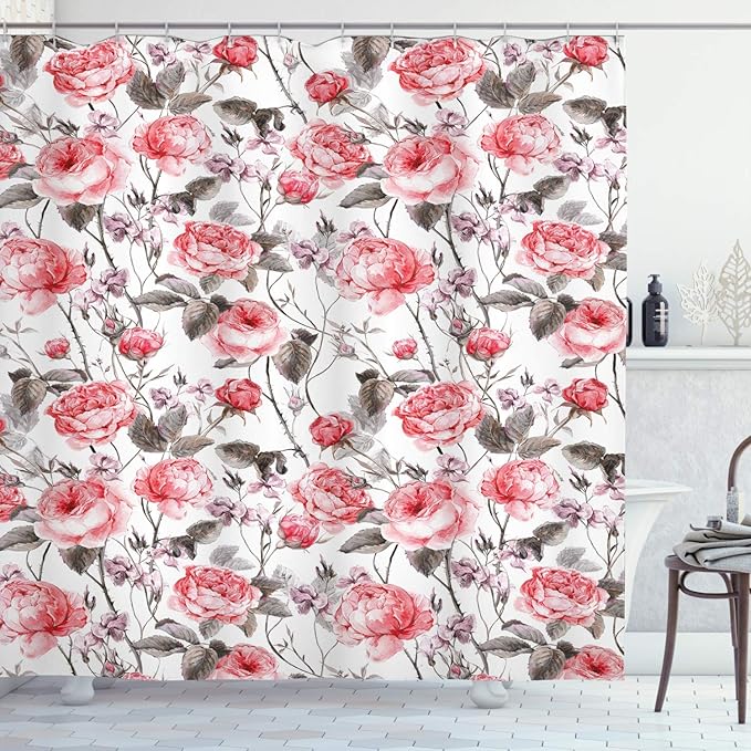 Ambesonne Rose Shower Curtain, Classic Vintage Floral Pattern Watercolor Style Bouquet of English Roses Wildflowers, Cloth Fabric Bathroom Decor Set with Hooks, 69" W x 84" L, Coral Taupe