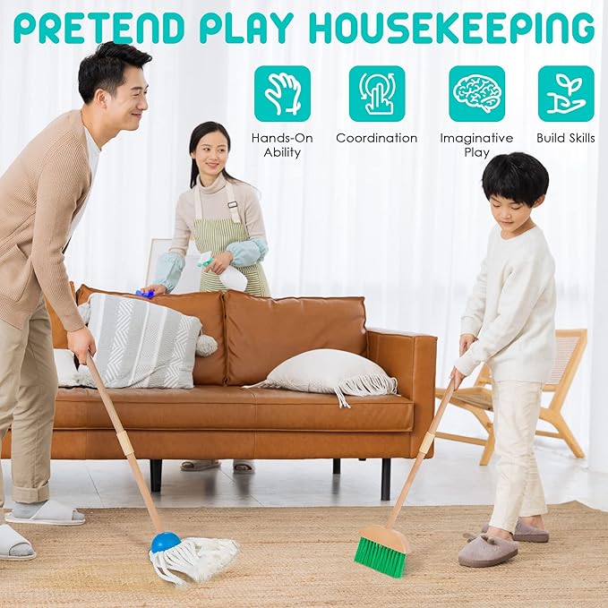 Kids Cleaning Set, 8 Pcs Wooden Housekeeping Play Set Includes Broom Mop Duster Dustpan Brushes Rag and Organizing Stand, Cleaning Toys Gift for Toddlers Girls Boys Age 3-6, Solid Beech Wood