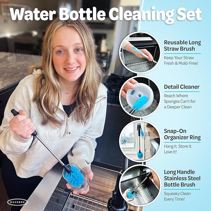 Bottle Drying Rack for Kitchen Countertop - Two-Tier for Water Bottles and Tumblers, Space-Saving Storage Stand with Drainage Tray, Includes Water Bottle Drying Rack Brush Cleaning Set (Black)