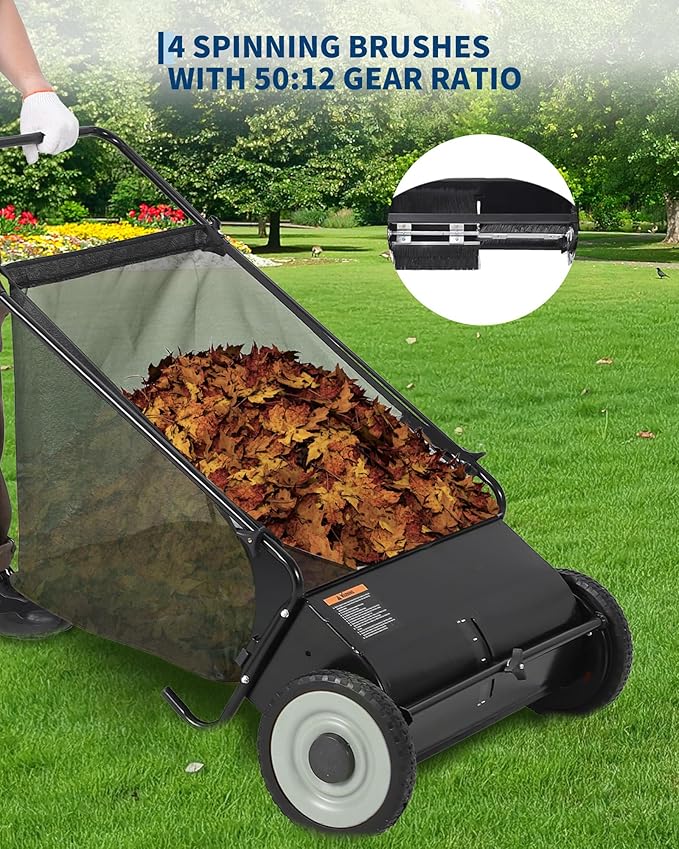 26-Inch Push Lawn Sweeper, 7 Cu. Ft. Hopper Capacity Leaf & Grass Collector with 4 Spinning Brushes, Adjustable Height, for Grass Clippings, Leaves & Debris, Black