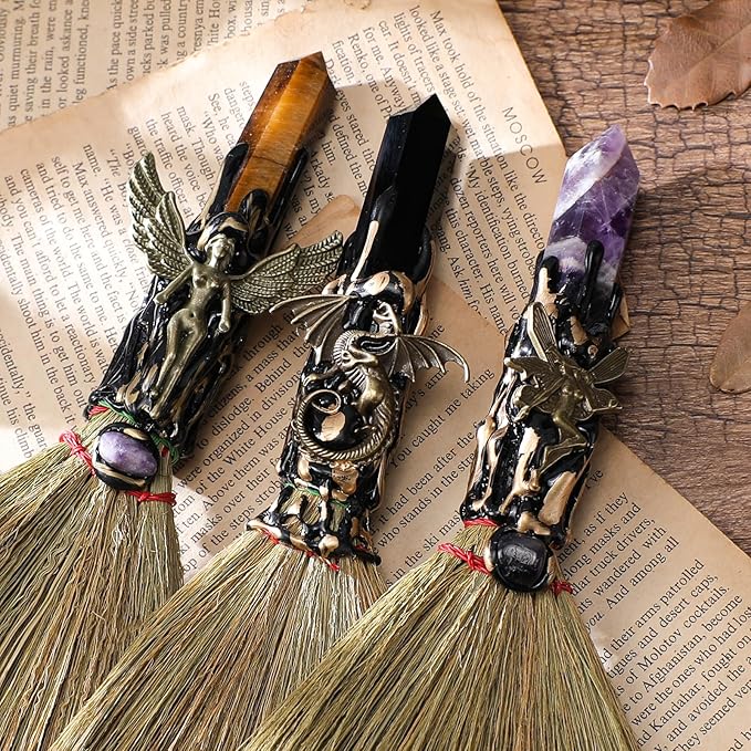 Crystal Witch Altar Broom - Witchcraft Supplies with Amethyst Wiccan Stuff Broomstick with Natural Healing Crystals Hexagonal Points Pagan Fengshui Reiki Energy Clearing Gift