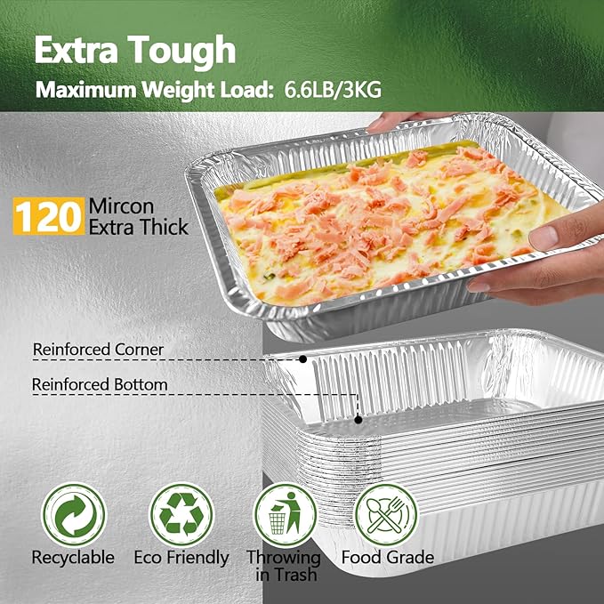 Thickened 10 Pack Heavy Duty Aluminum Pans, 9x13 Aluminum Foil Pans Disposable, Half Size Steam Table Foil Baking Tray for Cooking, Baking, Roasting & Chafing, Carton Packaging