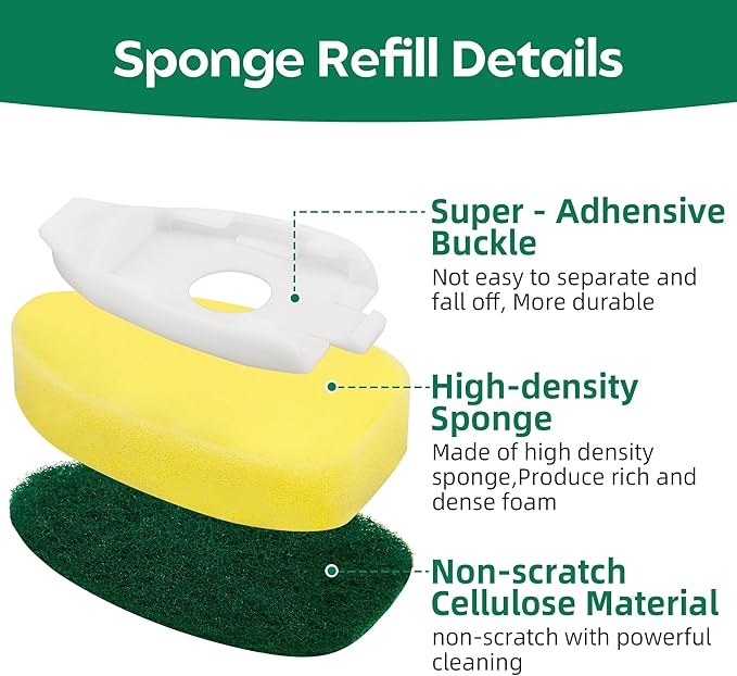 Dishwand Sponge Refills (12-Pack) – Heavy Duty Non-Scratch Replacement Heads for Dishwand Handle | Soap Dispensing Scrubber Pads | Kitchen Cleaning Supplies (Green/Blue)