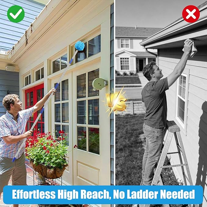 Duster, Cobweb Duster with Extension Pole, Medium Stiff Bristles Cobweb Duster Head & 6-Feet Stainless Steel Pole Ceiling Fan Duster for Outdoor Indoor Cleaning