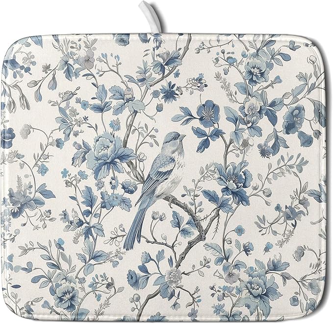 Chinoiserie Trees Dish Drying Mat for Kitchen Counter,Bule Bird Flowers Drying Mat 16 x 18 Inch with Absorbent Reversible Microfiber Drying Pad for Coffee Bar