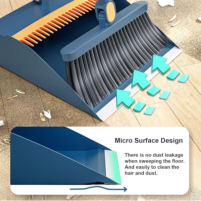 Broom and Dustpan Set, Long Adjustable Handle Indoor Sweeping Brooms, 180° Rotating Broom with Standing Storage and Scraping Teeth Dustpan to Clean Hair for Home Kitchen