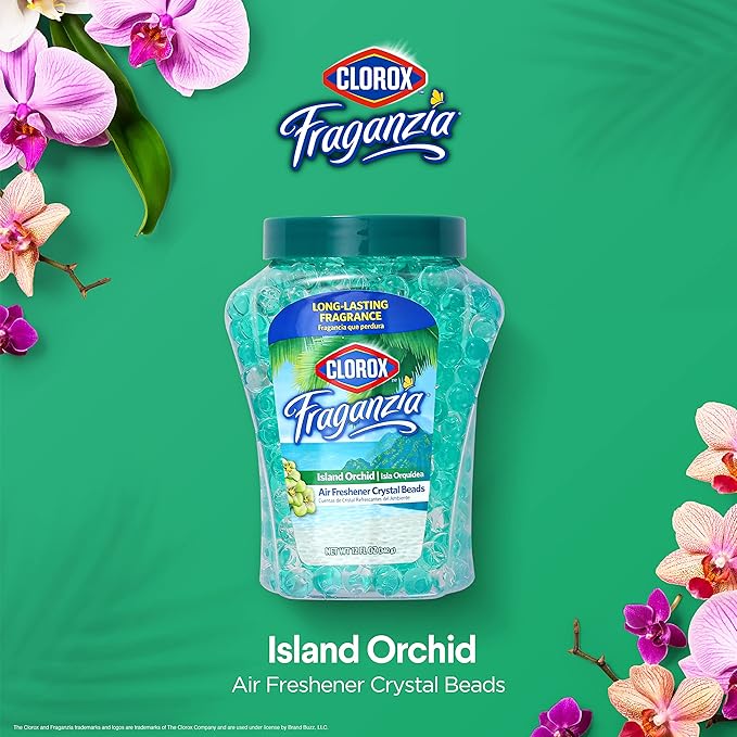 Clorox Fraganzia Crystal Beads Air Freshener, Long Lasting Room Deodorizer and Odor Eliminator Gel Beads to Freshen Home, Car, or Office, Island Orchid Scent, 12 Fl Oz