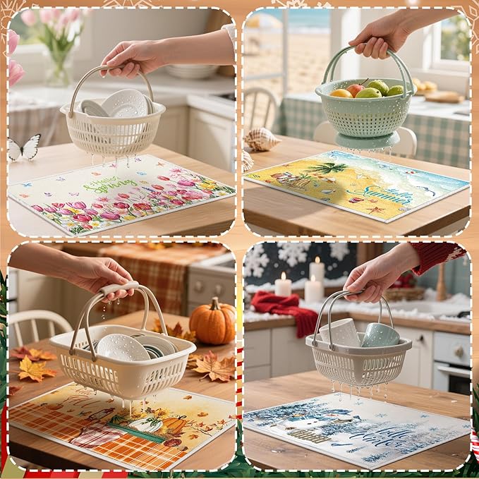 Meanplan 12 Pcs Seasonal Dish Drying Mats for Kitchen 24"x 16" Holiday Microfiber Absorbent Washable Drainer Mat Bulk for Counter Gift Winter Valentine's Day Irish Home Accessories Decoration