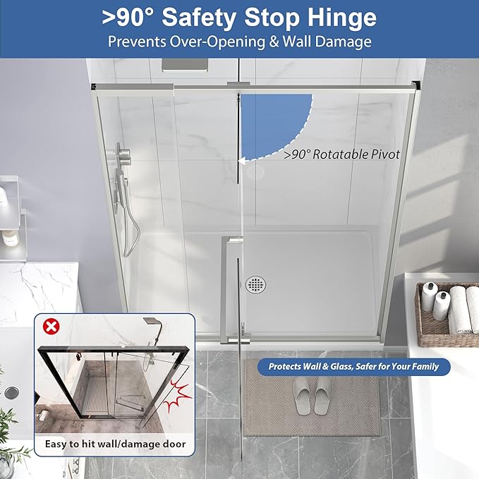 Semi Frameless Pivot Shower Door 42-48" W x 72" H, Swing Shower Glass Doors with Nano Explosion-Proof Film Tempered Glass 1/4"(6mm) Reversible Installtion, Brushed Nickel Finish