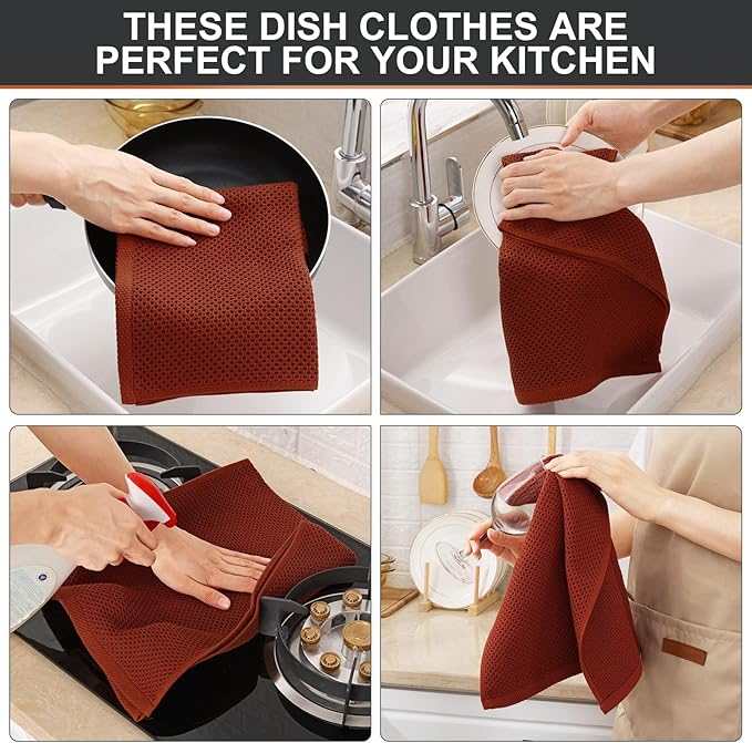 Kitinjoy 100% Cotton Waffle Weave Kitchen Hand Towels (13 X 28 Inches, Rust), 6-Pack Super Soft and Absorbent Dish Towel for Drying Dishes