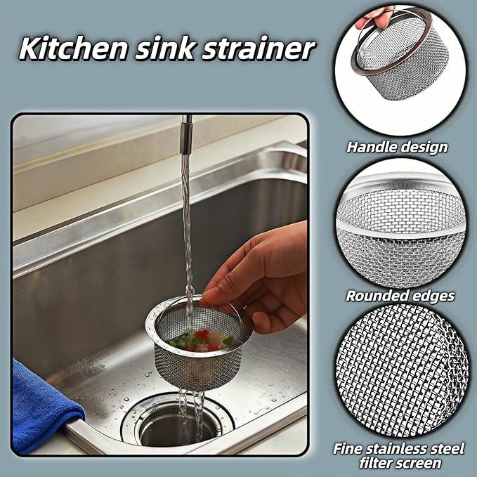 Stainless Steel Kitchen Sink Strainer - Deep Cup Basket Design, 2-Pack, Upgraded Double-Layer Safety, Large Food Catcher, Fits Most Standard Drains (3.14"-3.34" Inner Dia), Rustproof, Easy to Clean