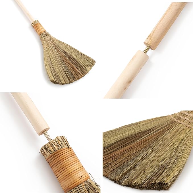 Vietnamese Natural Whisk Broom - Straw Soft Broom - Long Handle Broomstick for Cleaning, Decoration, Wedding with 45.28 inch Length