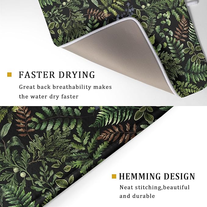 Black Sage Green Plant Dish Drying Mat for Kitchen Counter,Vintage Botanic Fern Leaves Floral Drying Mat 18 x 24 Inch with Absorbent Reversible Microfiber Drying Pad for Coffee Bar