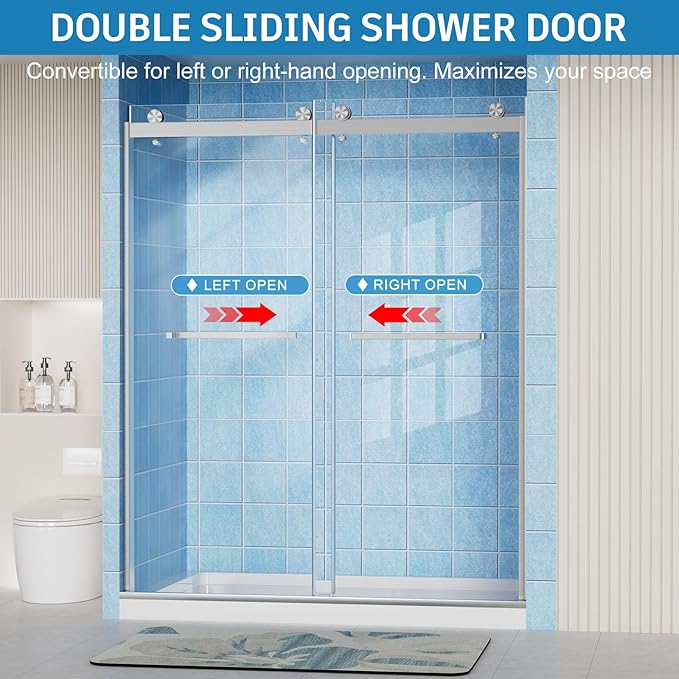 Frameless Shower Door, 56-60" W x 72" H Double Sliding Shower Doors, 1/4" (6mm) Thick Tempered Clear Glass Door with Explosion-Proof Film Nano Coating, Stainless Steel Hardware, Brushed Nickel
